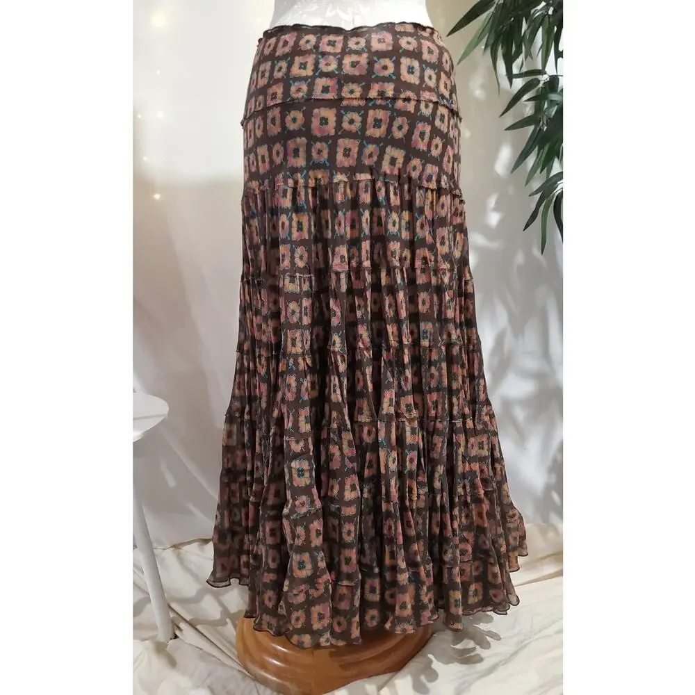 Vtg Jones New York 100% Silk Boho Floral Print Tiered Maxi Hippie Skirt Size 8 - Picture 4 of 11
